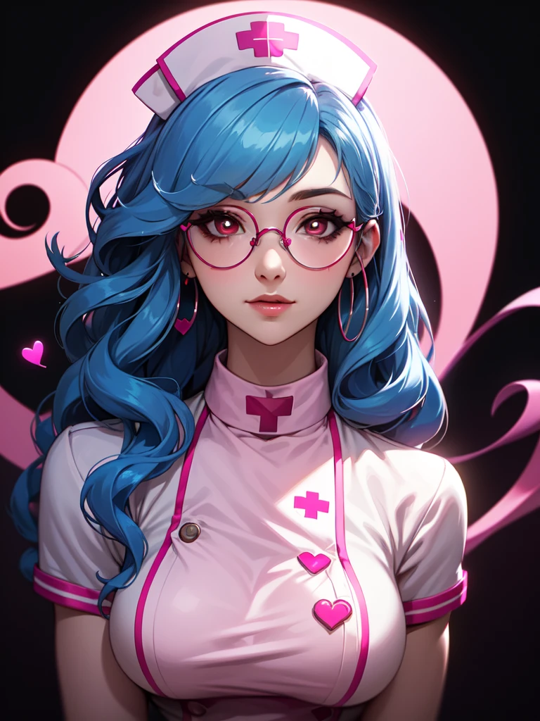 (((Portrait Photo))), She has the Appearance of a Caring and Professional Young Nurse, with a Voluptuous Figure that Radiates Kindness and Competence. Her Long, Wavy Blue Hair is Elegantly Styled, Falling Gracefully Over Her Shoulders and Framing Her Gentle Face. Her Large, Red Eyes, Enhanced by Glasses, Reflect a Deep Compassion and Warmth, Inviting Trust and Comfort. Her Expression is Soft and Understanding, with a Hint of a Smile that Conveys Reassurance and Dedication. (((Portrait Photo))), (((Dark Background))), (((Sexy Pink Nurse's Uniform Accentuates Her Curves))), (((Heart-shaped Pupils))), (((Long Wavy Blue Hair))), (((Circular Glasses)))