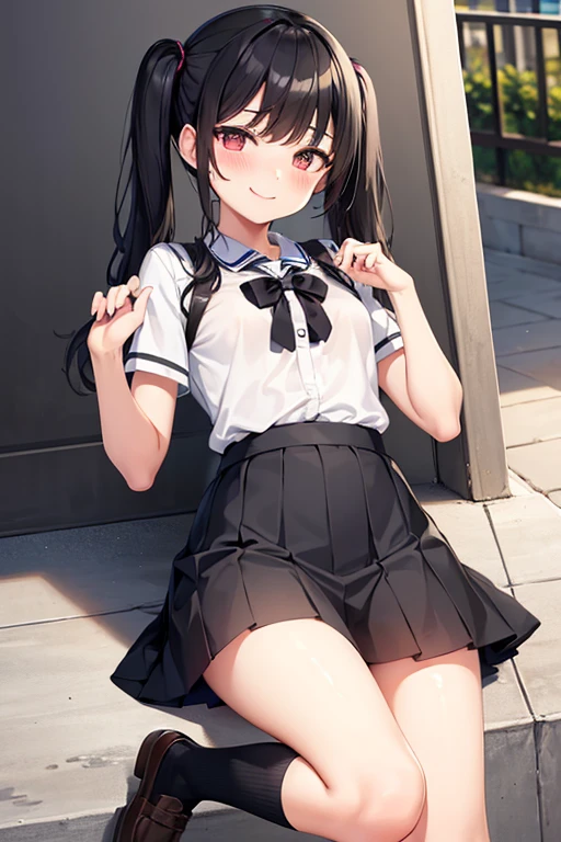 cute, girl, junior high school student, black hair, twin tails, , short sleeves, short skirt, white socks, small bust, blush, smile, see-nipples