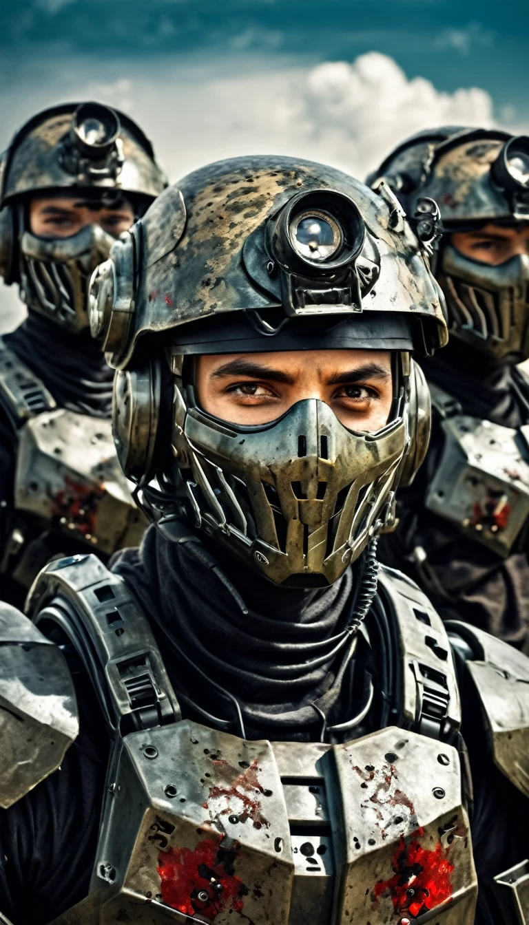 Close-up of a extremely handsome soldier guy, half human, half machine, their faces partially obscured by military helmets. Their eyes are filled with hapiness and longing. The background is a trail of blood and violence. He wears a mechanized robot armor, carved with animal elements, human skulls. The sky is filled with swirling, fiery clouds. The photo conveys a strong sense of the warrior's appearance, ((smiling))