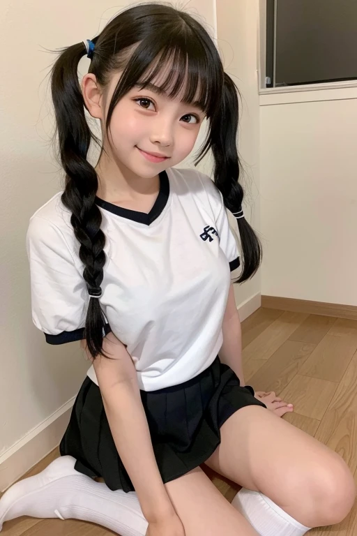 cute, girl, junior high school student, black hair, twin tails, , short sleeves, short skirt, white socks, small bust, blush, smile, see-nipples