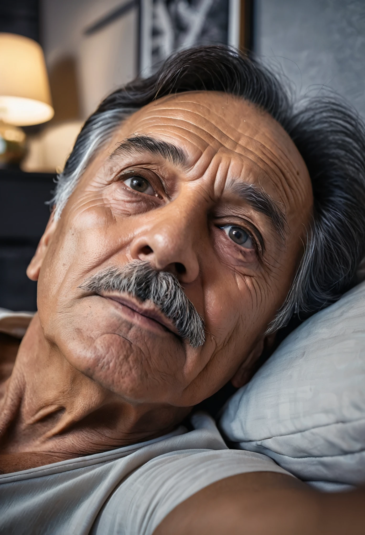 8k, selfie live detailed eyes, realistic, best quality, 65yrs old man laying on his back, dark hair, smooth skin, focusing the camera, dark hair, realistic facial features,
with a backdrop of nice bedroom apartment
undefined, undefined,