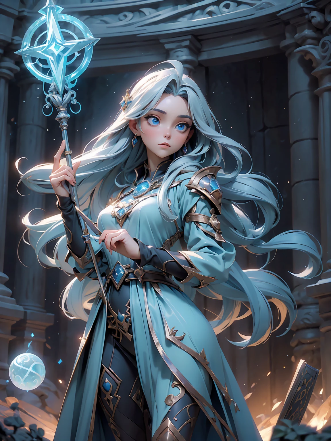 (((masterpiece, highest quality, 16k)))A stunning artwork of a mystical female mage standing in an arcane library. The full-body view showcases her in ornate blue and white robes, exuding an aura of wisdom and magical prowess. Her long, flowing brown hair frames a face of serene beauty, highlighted by blue eyes that shimmer with arcane knowledge and ethereal charm. She holds an enchanted staff, intricately designed and glowing with magical energy, adding to her mystical presence.

The scenery around her is a vast, ancient library filled with towering bookshelves and glowing runes. Magical orbs and floating tomes enhance the enchanting atmosphere, creating a scene of intellectual wonder.