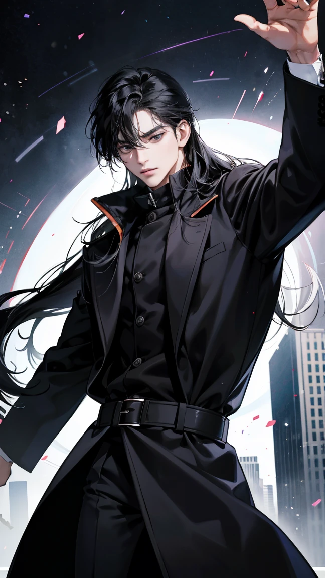 1Man, 30 years old, Black aura, black coat, black hair, long hair, black eyes, cold,