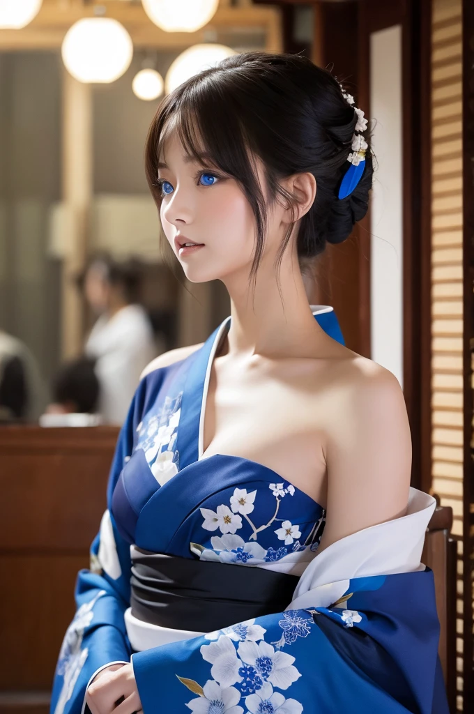 Kimono with exposed shoulders blue eyes long Women
