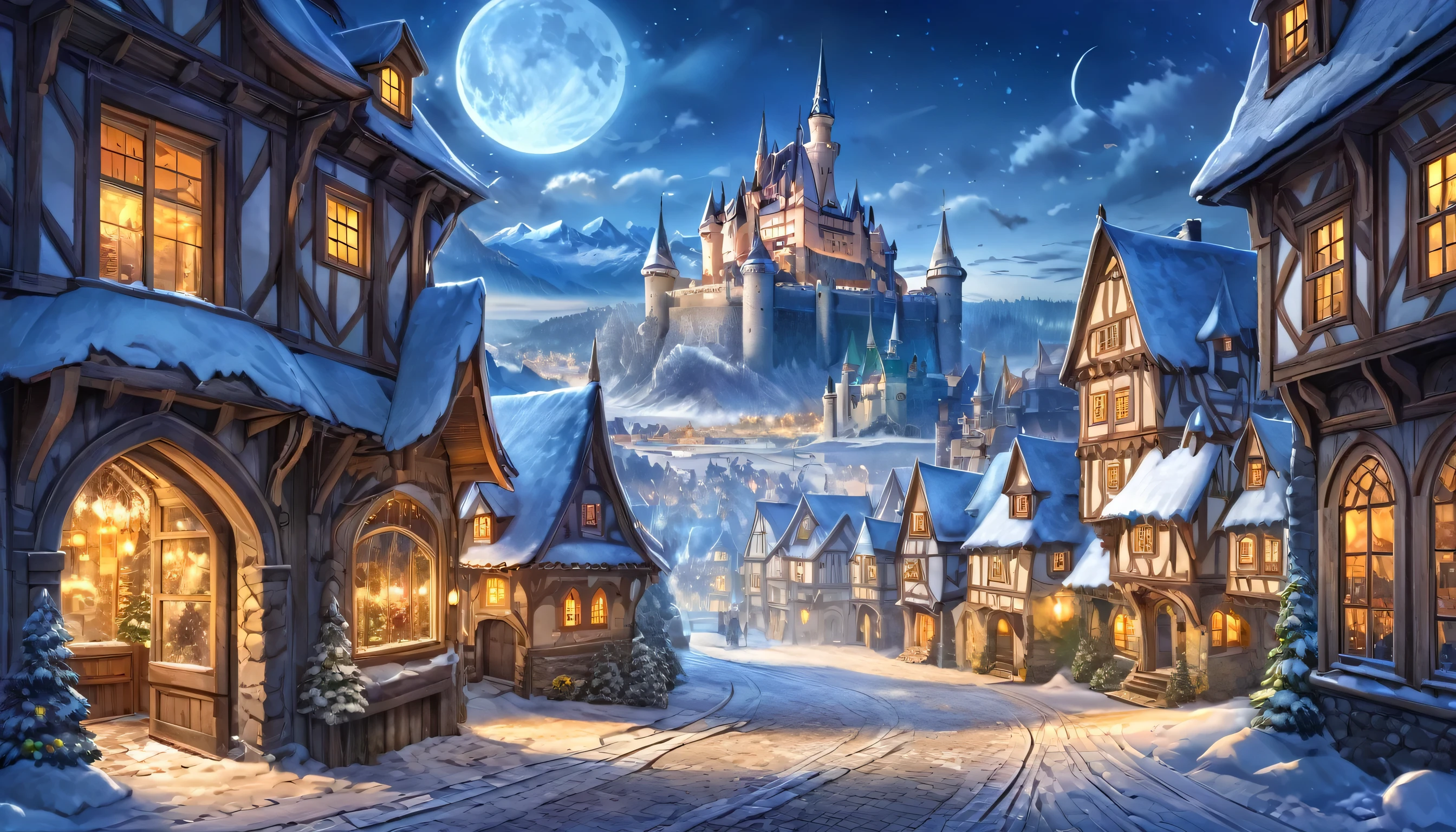  The cold night air seeped through the cracked window,, Large kingdom in a frozen country, castle in the middle, bustling fantasy streets,Landscape,  HDR, High Detailed,