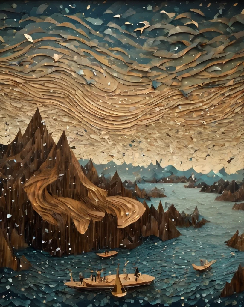 Surrealist art marquetry of a Jagged "The Celebration of Regret", Raining, Very wide view, F/5, wallpaper, beautiful . Dreamlike, mysterious, provocative, symbolic, intricate, detailed