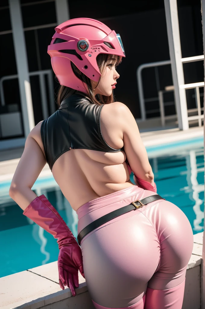 (masterpiece:1.1, Highest quality:1.1, 16K, High resolution), 1 Female, (Ultra-realistic portrait of pink power ranger), Very detailed, figure, (Full nudity:1.85, Show me her shaved armpits:1.5, Belt Bag, gloves, sentai helmet, Full Face Helmets:1.35, Pink Helmet, Pink Boots, Pink Skirt, hyper mini skirt, Grey leggings:1.15, 白いgloves), (Pool at night), ((Super huge ass:1.35, Perfect slim body style:1.2)), Ultra detailed face, Very detailed肌の質感,Back view、Squat