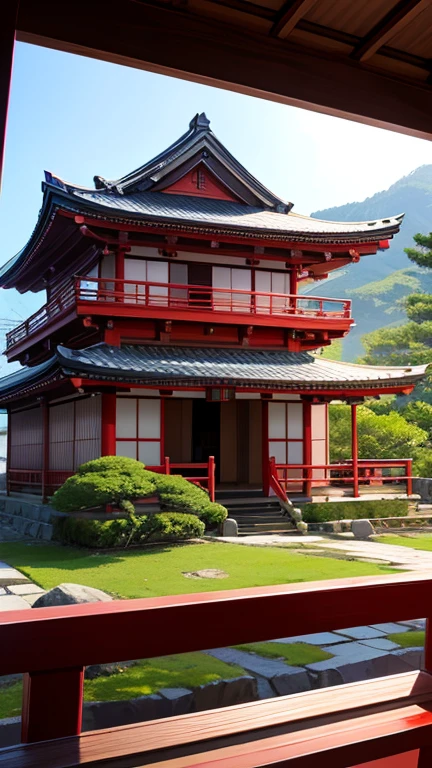 An oriental Japanese house with red details on top of a mountain, spring time