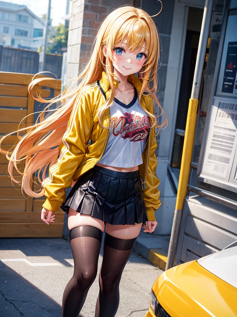 Best Quality,Young Girl, girl,Light novel,Elementary school girl,Beautiful girls,8K,Perfectly portrayed,Yellow Eyeulticolored hair colors,smile,very cute,High quality,future fashion,Coordination,Absurd,colorful,masterpiece,Long Hair,Track jacket,Sparkling,????? girl,Naughty Girls,Angel,Leather shorts,Perfect Face,strongest,mini skirt,tights,stylish,