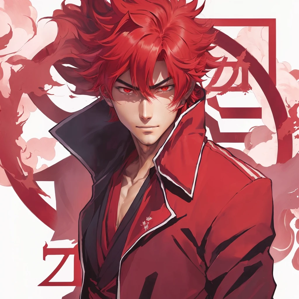 anime character with red hair and red eyes in a red jacket, 坏蛋动漫8 K, Anime main art, kentaro miura manga art style, handsome guy in demon slayer art, trigger anime art style, official anime artwork, 8k!, advanced digital anime art”, 4k manga wallpaper, zerochan art, kentaro miura art style, stunning manga art style, character smiling, serious, scared, sobbing, etc...