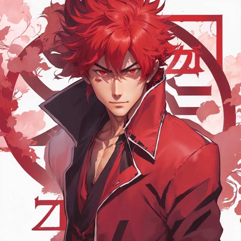 anime character with red hair and red eyes in a red jacket, 坏蛋动漫8 K, Anime main art, kentaro miura manga art style, handsome guy in demon slayer art, trigger anime art style, official anime artwork, 8k!, advanced digital anime art”, 4k manga wallpaper, zerochan art, kentaro miura art style, stunning manga art style, character smiling, serious, scared, sobbing, etc...