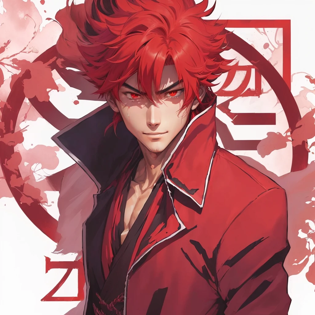 anime character with red hair and red eyes in a red jacket, 坏蛋动漫8 K, Anime main art, kentaro miura manga art style, handsome guy in demon slayer art, trigger anime art style, official anime artwork, 8k!, advanced digital anime art”, 4k manga wallpaper, zerochan art, kentaro miura art style, stunning manga art style, character smiling, serious, scared, sobbing, etc...