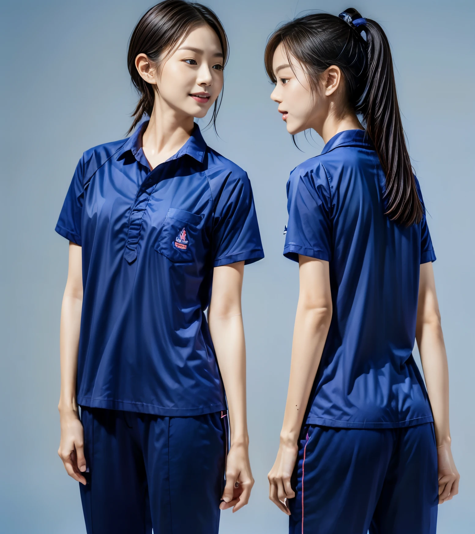 (best quality,10,10,height,Masterpiece:1.2),Special details,(realistic,ภาพrealistic,Realistic photos:1.37),1 Cute girl in the kitchen,shiny, ผิวshiny,only,smile softly,BDclothelue shirt:1.3)),short sleeve,shirt, กางเกงขาlong.,(navy_long_track pants:1.1), ((Kitchen Background)),Dynamic angle,excited,Face focus,dynamic poses,from behind,focus on ass,Masterpiece, best quality, ultra realistic, hyper detail, 8k resolution, raw photos, Sharp focus, ((Navy blue shirt:1.1)), short sleeve, เส้นทางlong, perfect body, 2 mature women, 18 years old, Cinema-grade lighting system,blue sweatpants,shirtผ้าออกกำลังกาย,correct anatomy,perfect body, correct body, Sharp face, correct bodyทางกายวิภาค, full body, realistic gestures, long-haired, realistic poses,Wear long shorts...........................,ช่วงขาlong,Good shape,carved girl, Slender figure, model, Good shape, beautiful body,blue sweatpants, two girls kissing