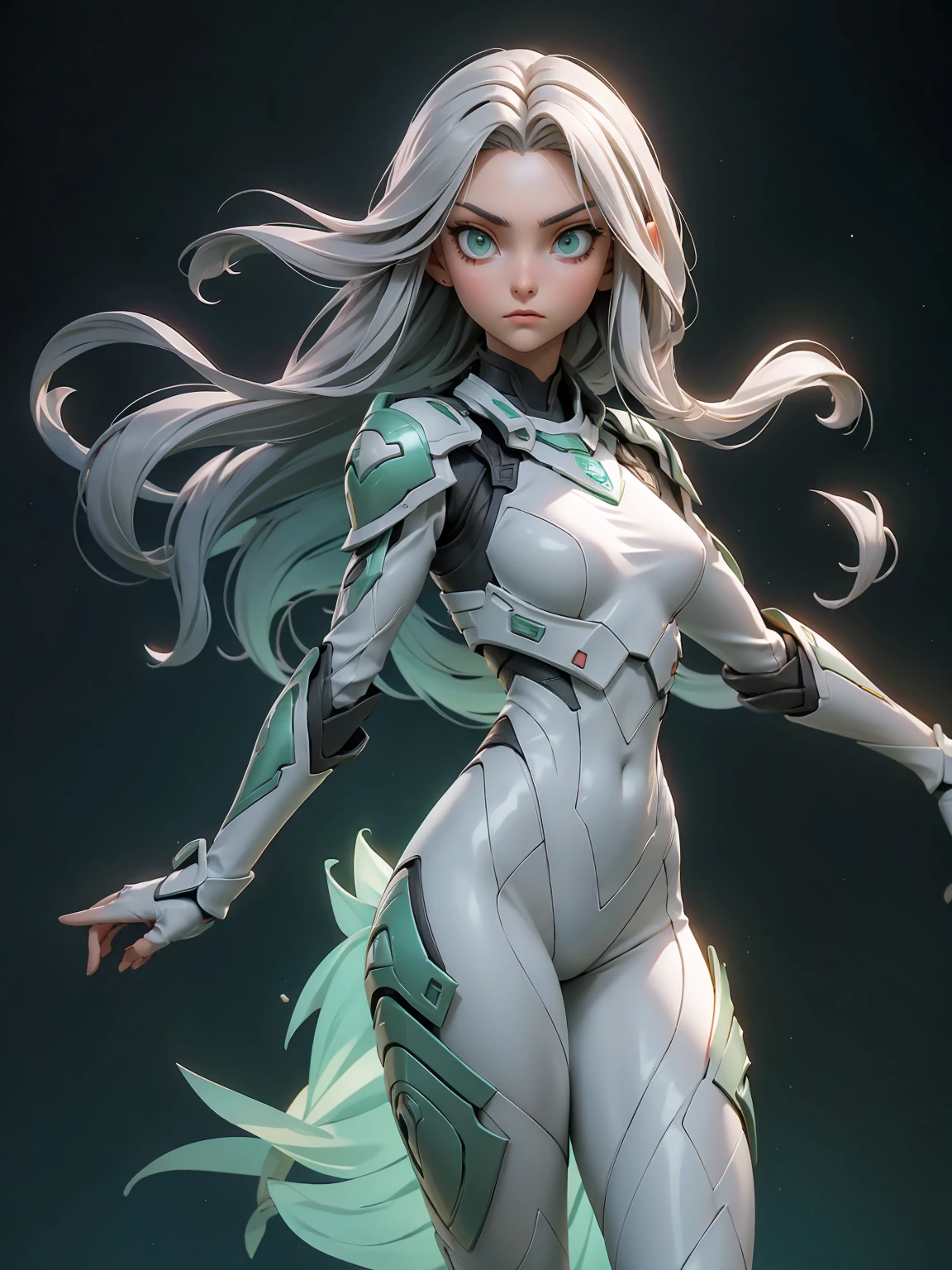 solo female, full body, long silver hair, dark hair, bob cut, light green eyes, emotionless expression, perfect face, bodysuit armor, ambar glowing parts