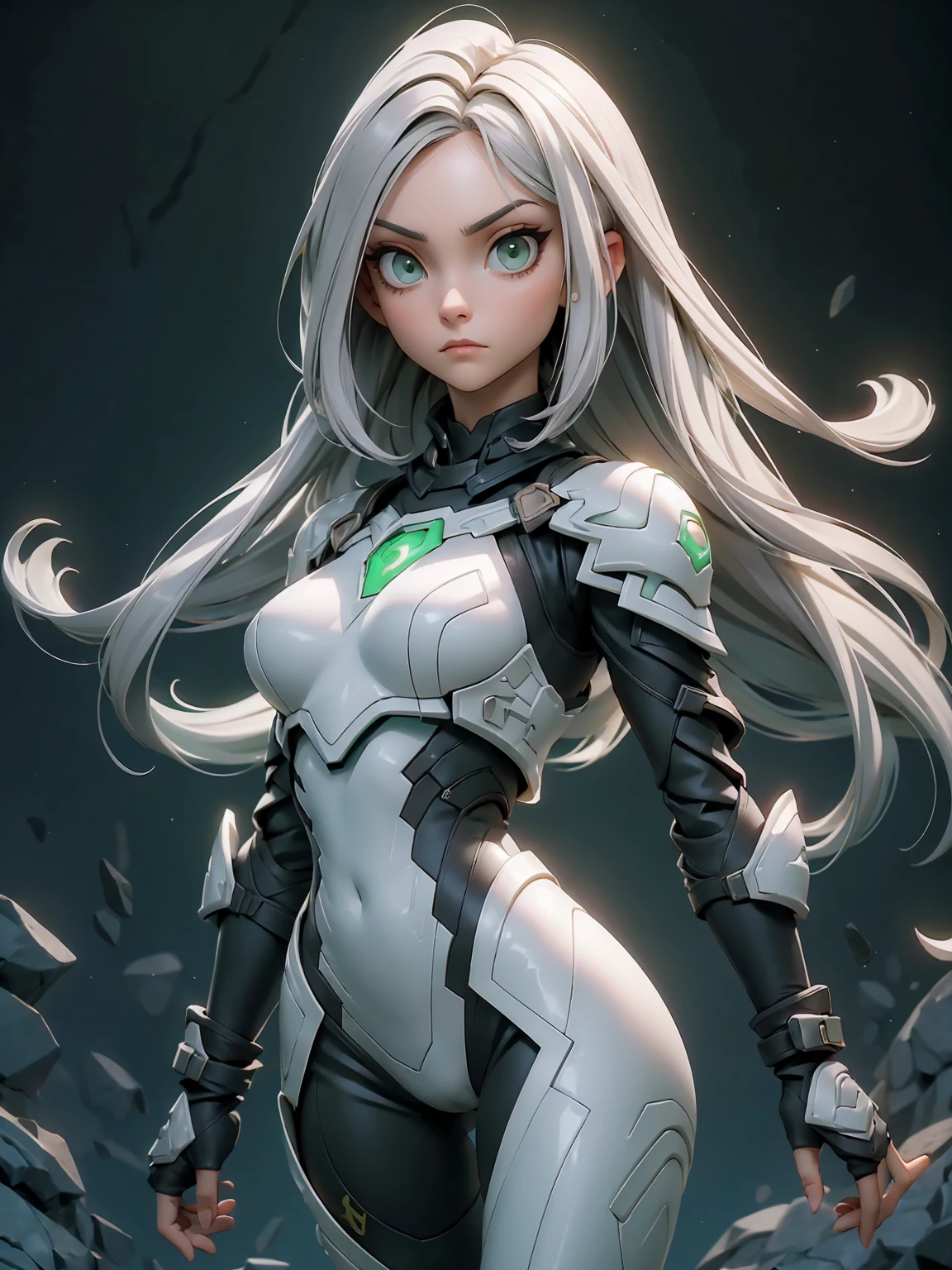 solo female, full body, long silver hair, dark hair, bob cut, light green eyes, emotionless expression, perfect face, bodysuit armor, ambar glowing parts