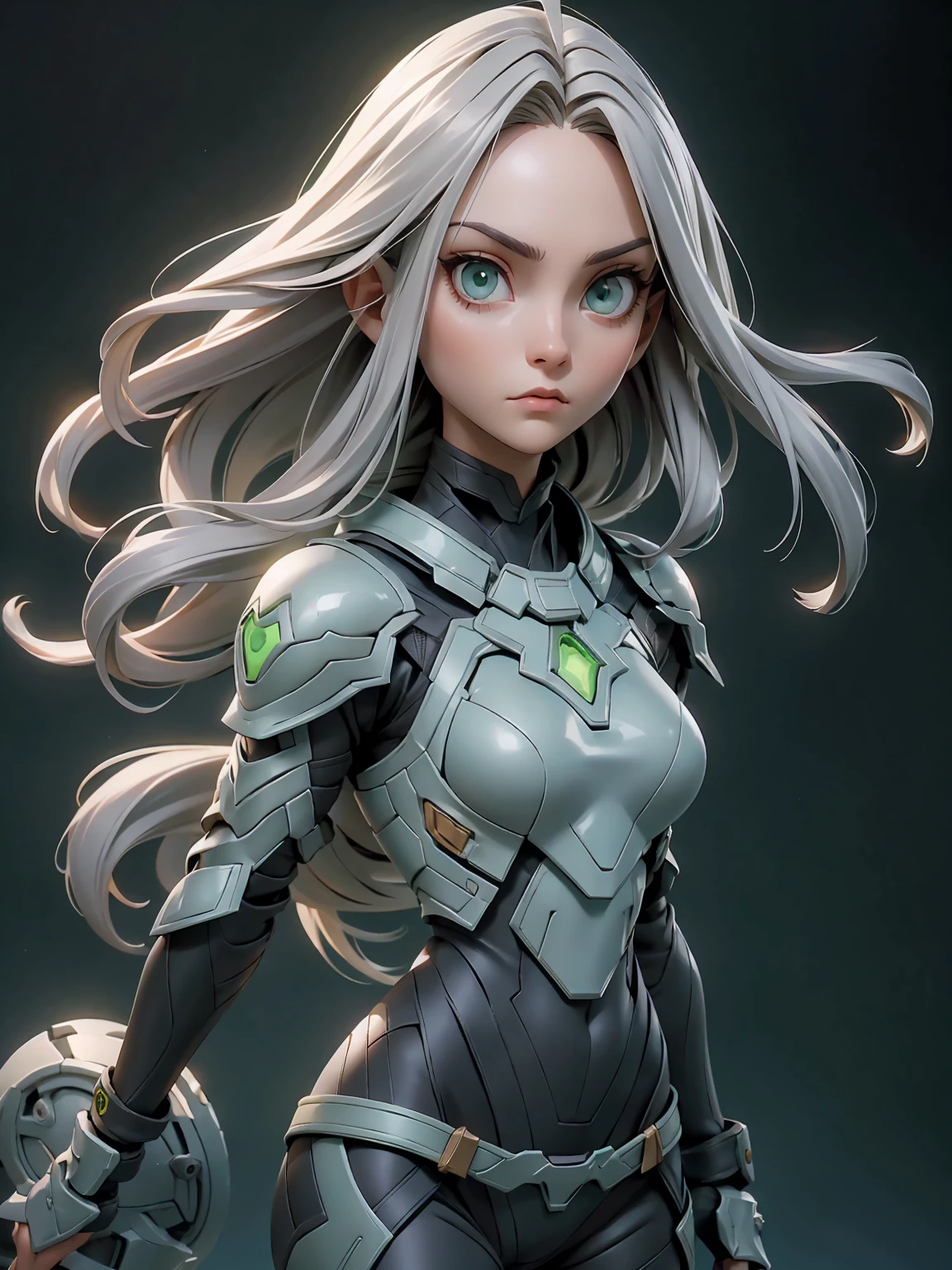 solo female, full body, long silver hair, dark hair, bob cut, light green eyes, emotionless expression, perfect face, bodysuit armor, ambar glowing parts