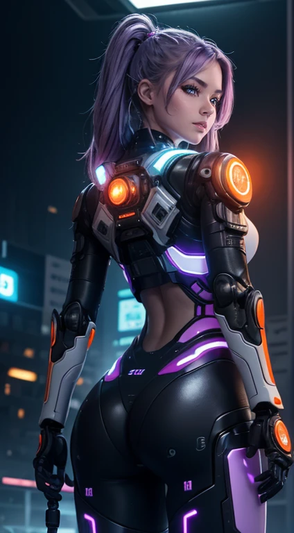 Chica Sieborg, robotic hand, White eyes, Cyberpunk City Background, Neon Light, Purple Hair, masterpiece, Ultra high definition,Rear View, Rear view,More detailed 8K.Unreal Engine:1.4,Ultra-high resolution,La Highest quality:1.4, Realistic:1.4, Skin Texture:1.4, masterpiece:1.8,First Job, Highest quality,Object Object], (Detailed facial features:1.3) ,(Sieborg:1.4), (Fine hand:1.4),(orange+Network LED Indicators and Meters:1.4)