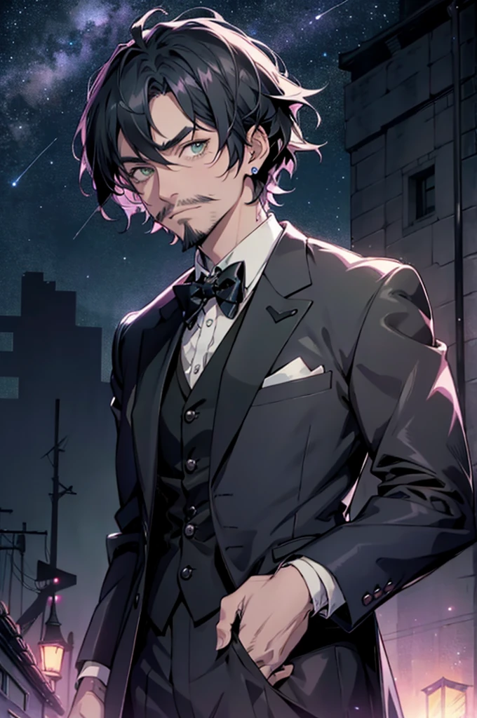 meitu, beetlejuice, anime, manga style, alex brightman starring as beetlejuice,1boy, aurora, beard, black bow, black bowtie, bow, bowtie, facial hair, formal, green eyes, purple hair, male focus, mustache, night, night sky, realistic, shooting star, sky, solo, space, sparkle, star (sky), starry sky, suit, tuxedo, wlop, guweiz, meitu,((adult)),50 years old,