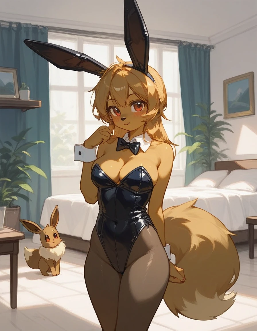 alone, score_9,score_8_up,score_7_up, anthro female eevee, wearing bunny suit, bunny ears, standing, indoors.