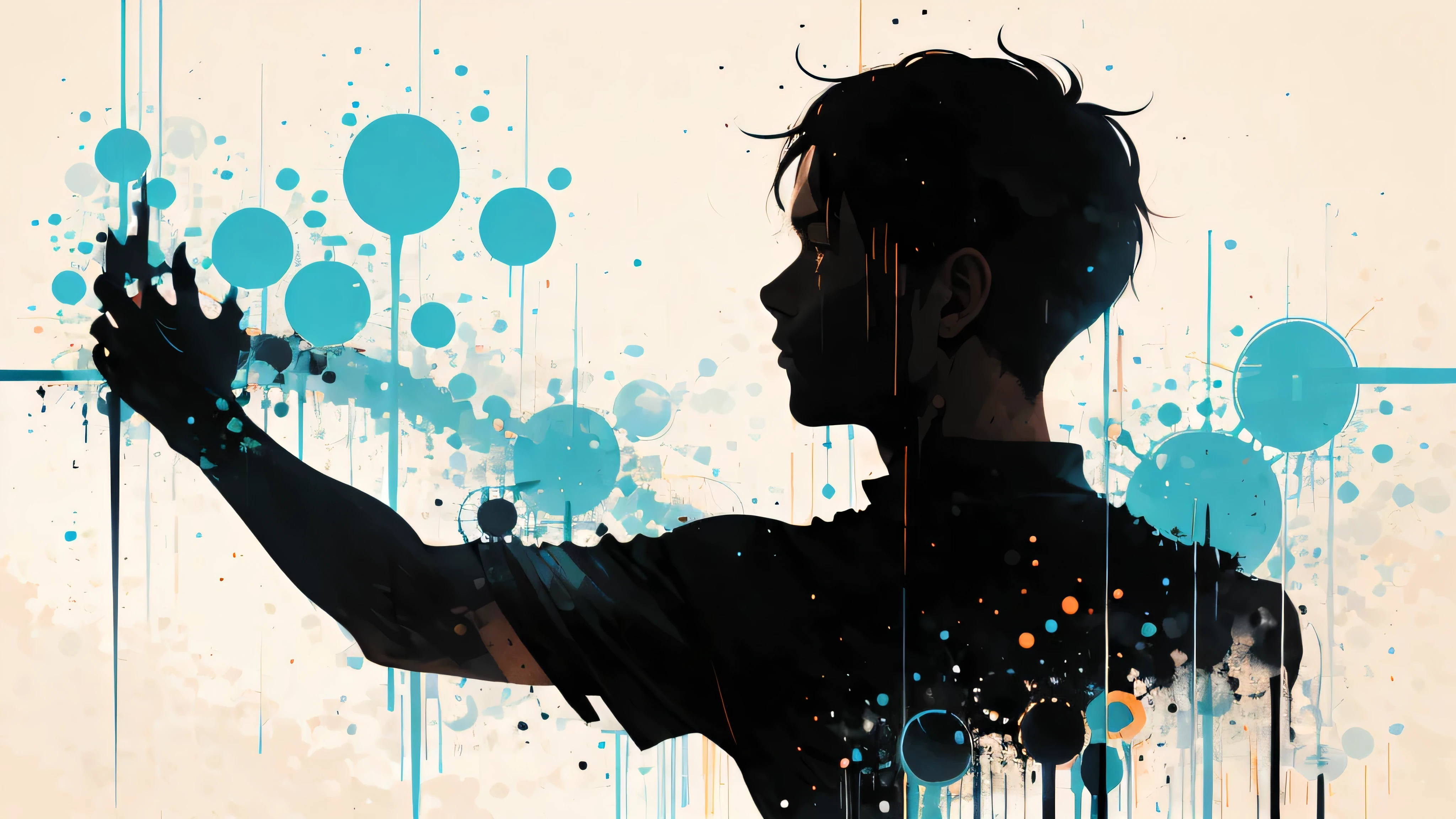 Silhouette of a posed street boy:dynamic pose:profile,Ink splash,Bold colors,dynamically,colorful,An abstract painting that looks like a person if you look closely,works of art,mysterious,design