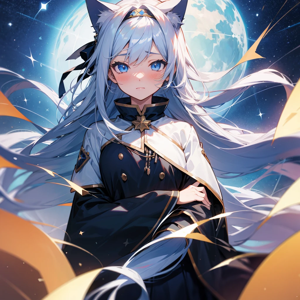 high resolution, Anime Girl,Anatomically correct, Best quality, Long hair, Silver Hair, Cat ear, Blushing, Blue Eyes, Headdress, cute,grace,Starry sky background