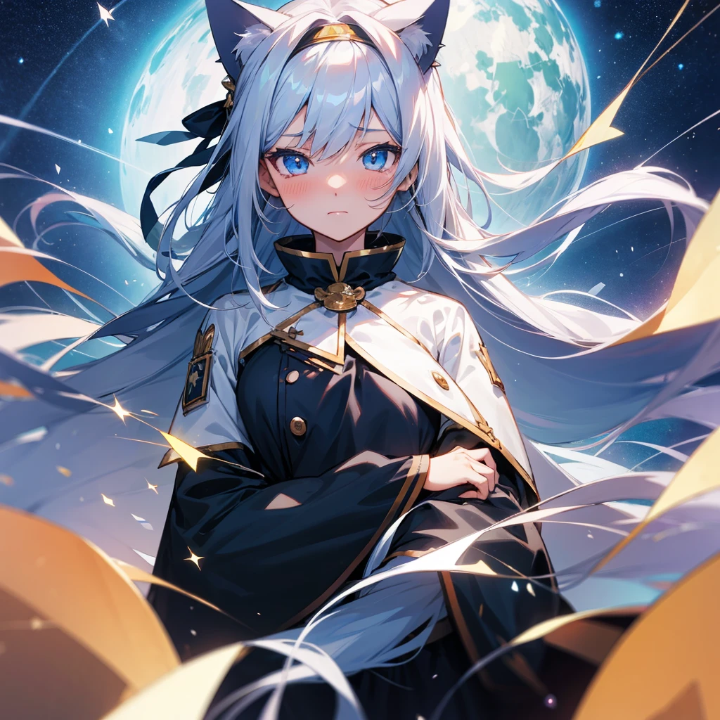 high resolution, Anime Girl，Anatomically correct, Best quality, Long hair, Silver Hair, Cat ear, Blushing, Blue Eyes, Headdress, cute，grace，Starry sky background