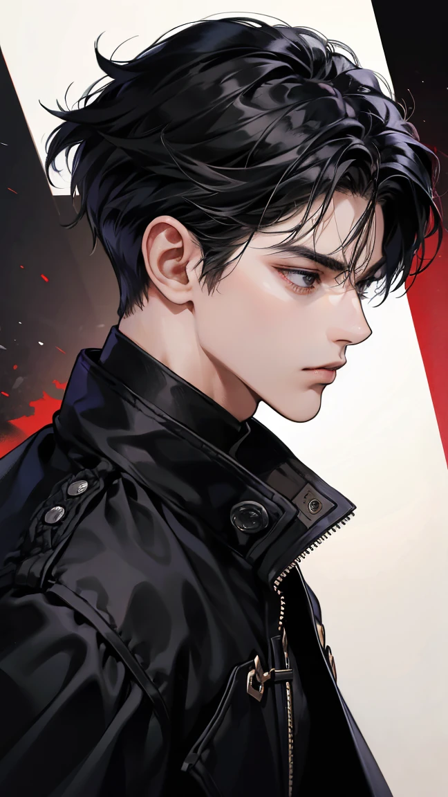 1Man, 30 years old, Black aura, black coat, black hair, styled hair, black eyes, broad soldiers 