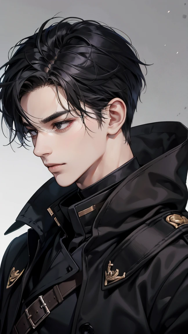 1Man, 30 years old, Black aura, black coat, black hair, styled hair, black eyes, broad soldiers 