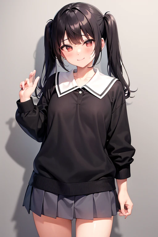 cute, girl, junior high school student, black hair, twin tails, , short sleeves, short skirt, white socks, small bust, blush, smile, see-nipples