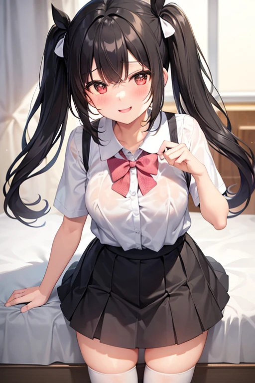 cute, girl, junior high school student, black hair, twin tails, , short sleeves, short skirt, white socks, small bust, blush, smile, see-nipples