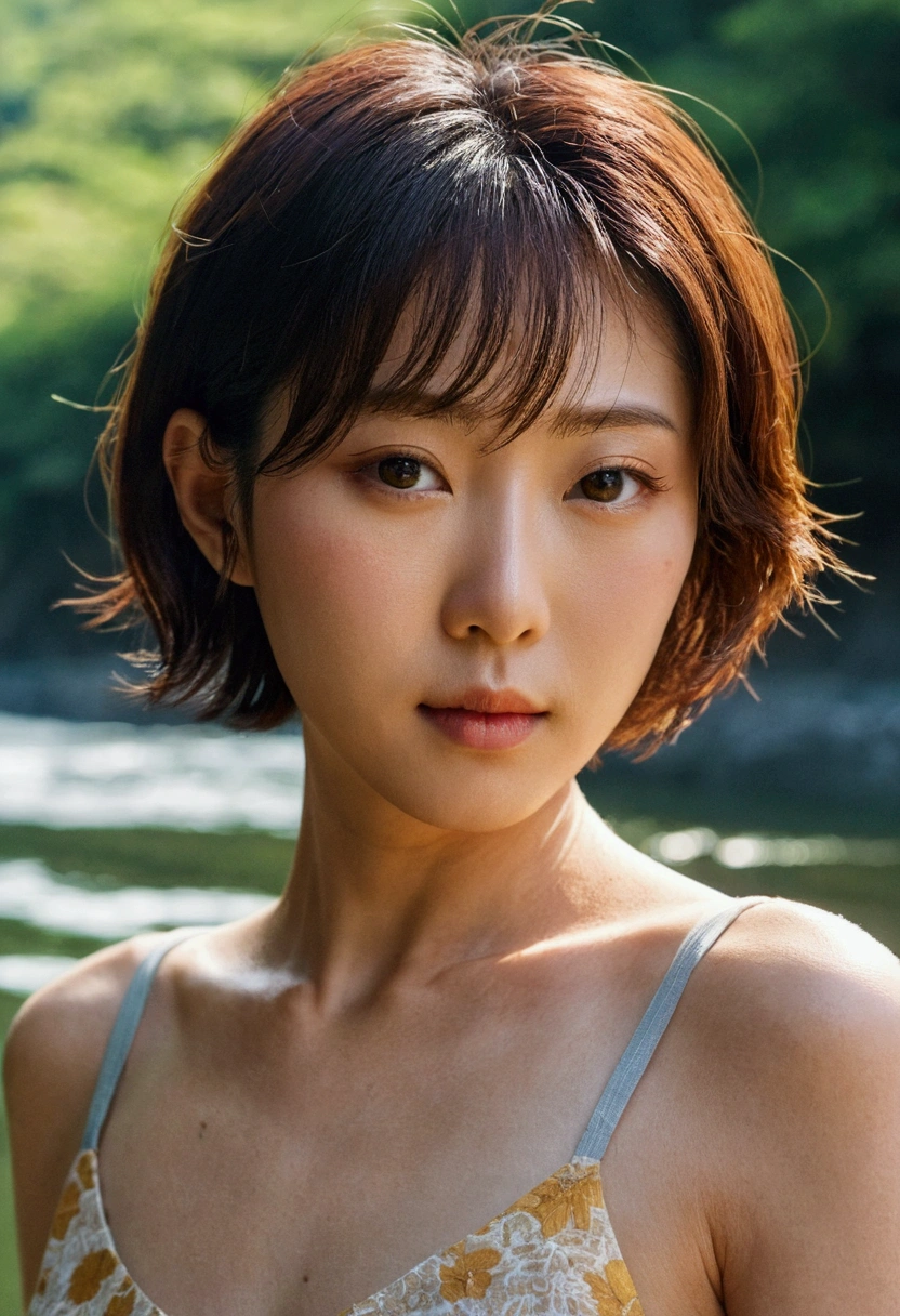Japanese women、Clothes that do not expose skin、summer、river、Close-up of face and chest、short hair