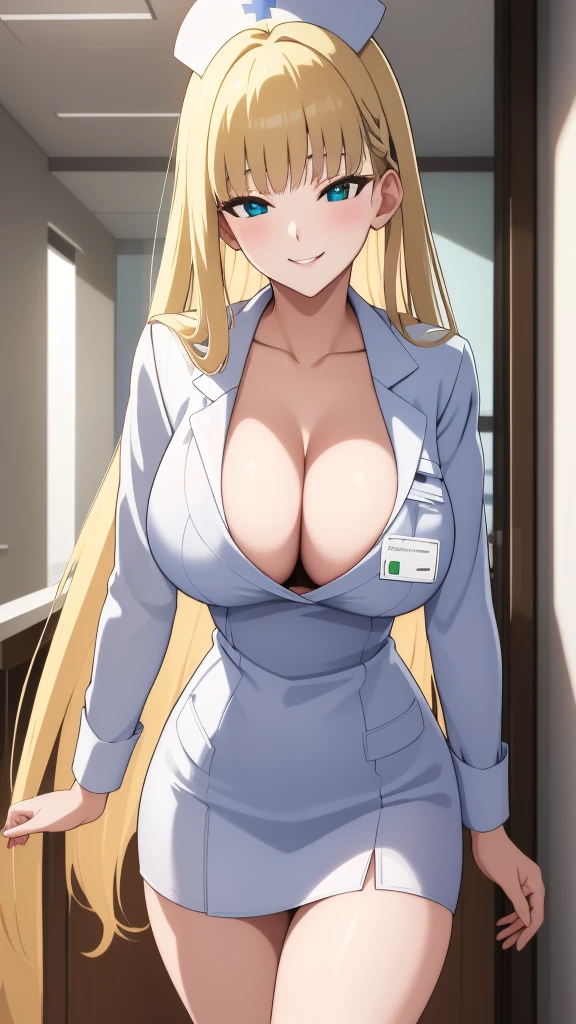 (Highest quality:1.5, High resolution, 超High resolution, 4K, Detailed lighting, Shaders, Perfect Hand Anatomy), Blonde Straight Hair, Big Breasts, Nurse uniform, Cleavage, Thighs, smile, throw, Close-up shot, Are standing, Hospital Background