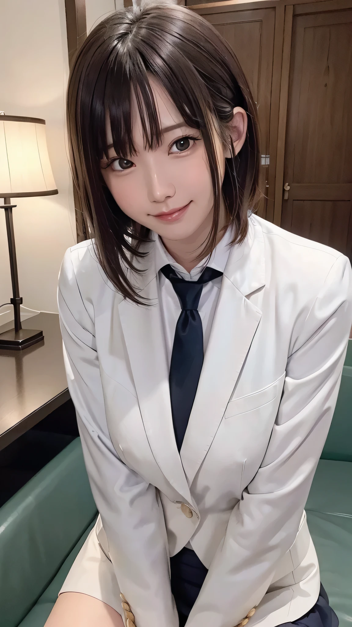 Tabletop, Highest quality, figure, Very detailed, In detail, High resolution, 8k wallpaper, Perfect dynamic composition, Beautiful attention to detail,Medium Hair, Center of ?????, Natural color lip, Random ???? poses,smile,Businesswoman、suit、Business Suite、White shirt、レディースsuit、Dark Grey Blazer、Dark grey tight skirt、peace sign