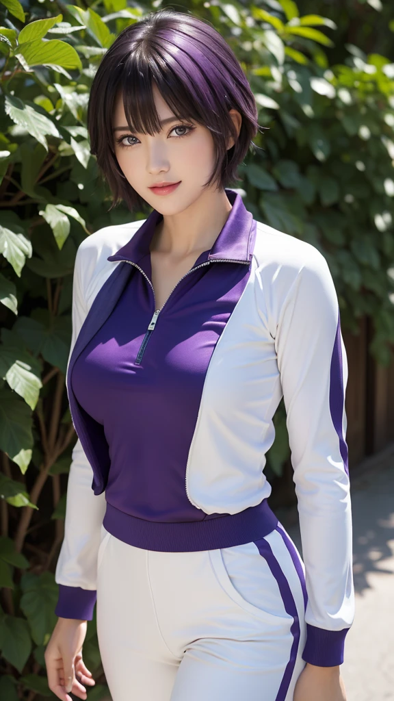 (masterpiece:1.2, Highest quality), (Realistic, photoRealistic:1.4), Beautiful illustrations, (Natural Side Lighting, Cinema Lighting), 
Looking at the audience, (Focus on the chest), (From above:1.1), close, 
((One mature woman, Japanese, 28 years old)), High school physical education teacher, Perfect Face, Cute symmetrical face, Shiny skin, Baby Face, 
((Very short hair:1.6, Shaggy Cut, Silver-purple hair)), Hair between the eyes, Deep purple eyed idol&#39;s chest, Captivating thighs, Big Ass), Earrings, 
Beautiful Hair, Beautiful Face, Narrow and beautiful eyes, Beautiful clavicle, Beautiful body, Beautiful breasts, Beautiful thighs, Beautiful legs, Beautiful fingers, 
((Blue tracksuit, White pants)), 
(Beautiful views), evening, Outdoor, walk, (smile, Open your mouth), 