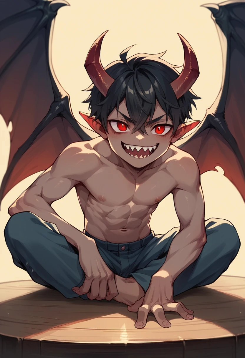 Demon boy, black hair, red eyes, small horns, sharp teeth, smiling, sitting on the table, small wings