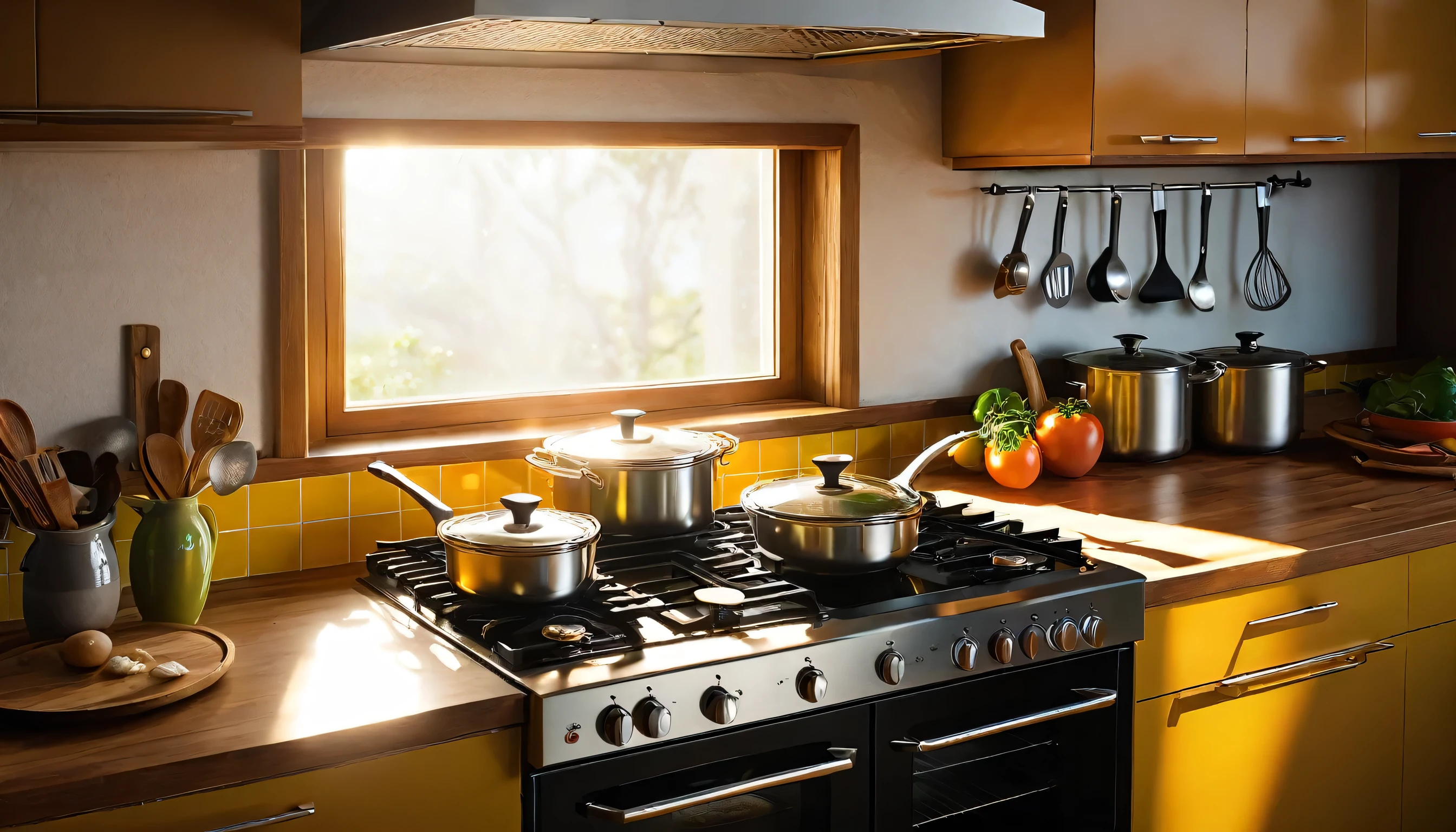 there is a stove with pots and pans, kitchen de casa em um dia ensolarado, kitchen iluminada com janela brilhante, realistic afternoon lighting, natural detailed lighting, cooking, afternoon lighting, cinematic morning light, kitchen, dentro de uma kitchen bagunçada, kitchen escura de um estudante de arte, gourmet cooking, steaming food on the stove, afternoon light, with photorealistic lighting