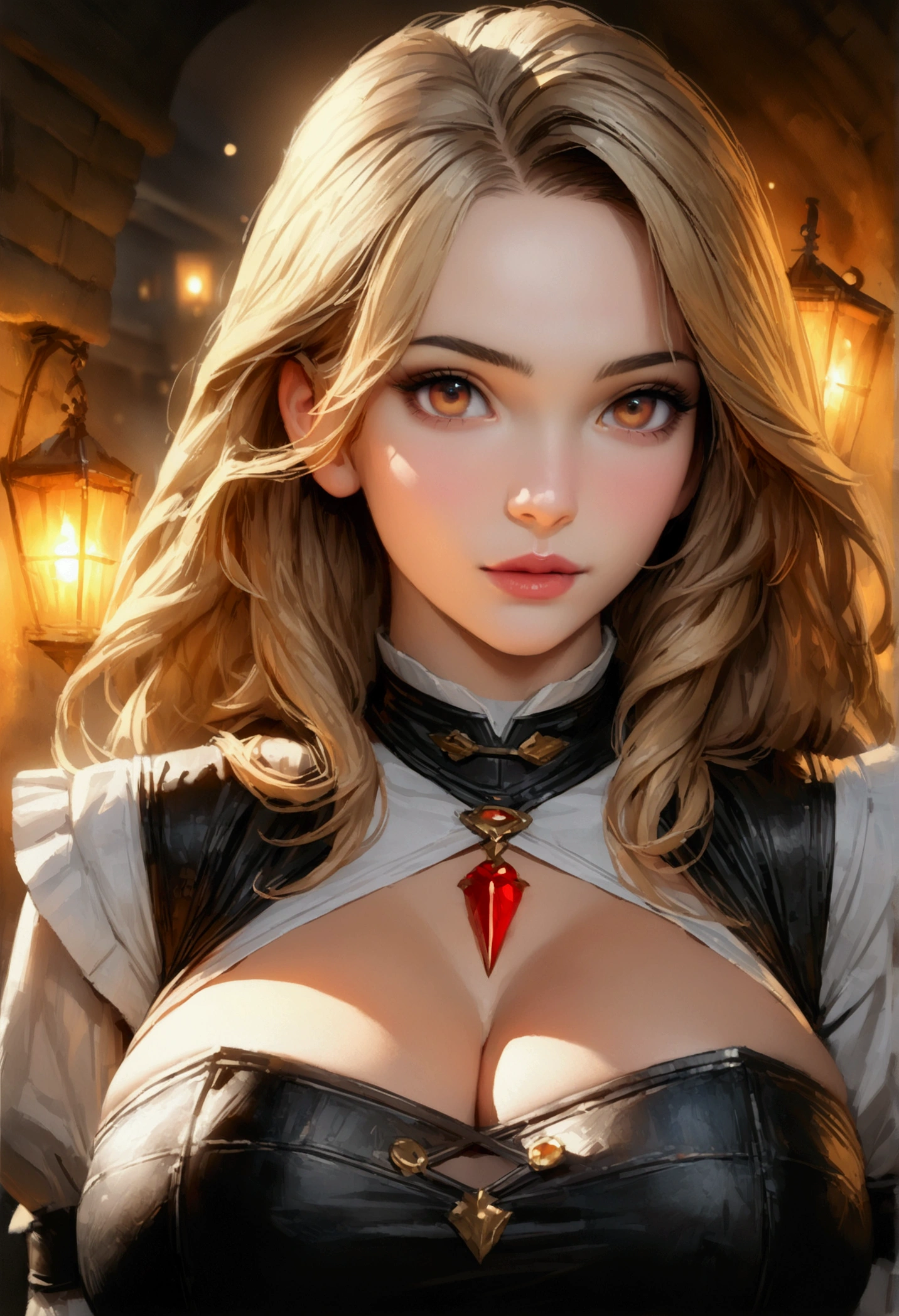 a beautiful anime blonde woman, incredibly tight waitress uniform, clothes are constricting her large breasts, thin waist, working in a medieval tavern, (dungeons and dragons style, middle earth setting, baldurs gate inspired, rpg atmosphere), (best quality, 4k, 8k, highres, masterpiece:1.2), ultra-detailed, realistic, photorealistic, photo-realistic:1.37, HDR, UHD, studio lighting, ultra-fine painting, sharp focus, physically-based rendering, extreme detail description, professional, vivid colors, bokeh, portrait