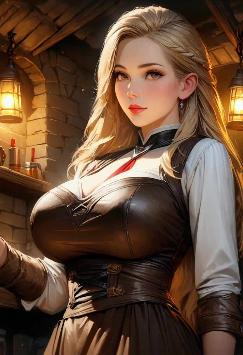 a beautiful anime blonde woman, incredibly tight waitress uniform, clothes are constricting her large breasts, thin waist, working in a medieval tavern, (dungeons and dragons style, middle earth setting, baldurs gate inspired, rpg atmosphere), (best quality, 4k, 8k, highres, masterpiece:1.2), ultra-detailed, realistic, photorealistic, photo-realistic:1.37, HDR, UHD, studio lighting, ultra-fine painting, sharp focus, physically-based rendering, extreme detail description, professional, vivid colors, bokeh, portrait