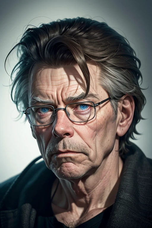 A chilling and highly detailed realistic portrait of Stephen King, nestled in the heart of a dimly lit movie scene. The iconic author's face, illuminated by a solitary light, is an unmistakable blend of fear and wisdom, with his piercing blue eyes fixed on an unseen threat. His weathered features, including his unkempt salt-and-pepper hair and stubble, perfectly convey the decades of storytelling that have shaken the world of literature. The portrait is a hauntingly captivating tribute to the master of horror, immortalizing his impact on countless readers and audiences.