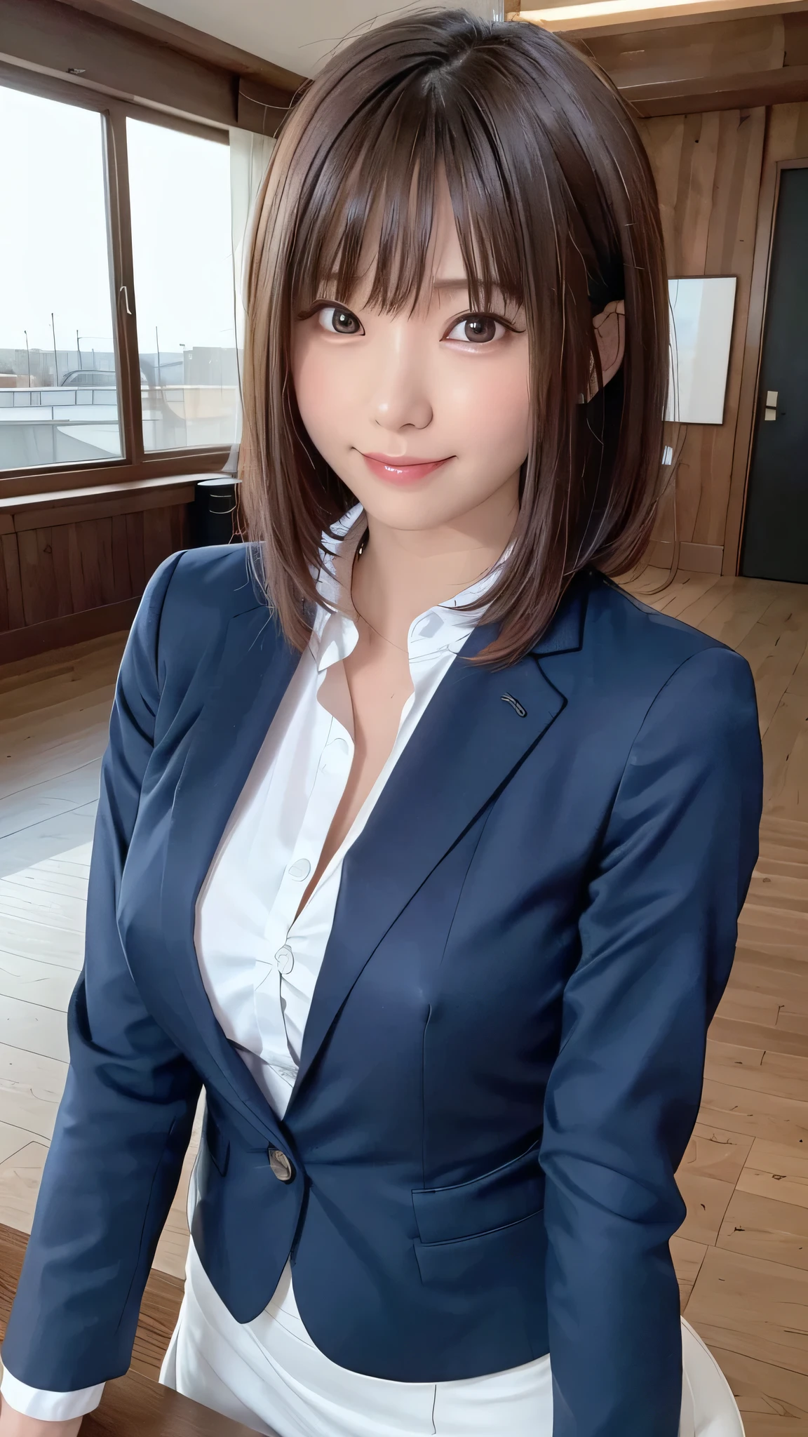 Tabletop, Highest quality, figure, Very detailed, In detail, High resolution, 8k wallpaper, Perfect dynamic composition, Beautiful attention to detail,Medium Hair, Center of chest, Natural color lip, Random sexy poses,smile,Businesswoman、suit、Business Suite、White shirt、レディースsuit、Dark Blue Blazer、Dark Blue Tight Skirt