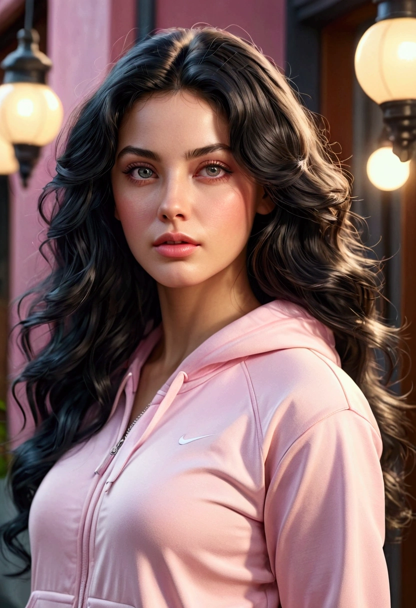 Beautiful woman with long wavy black hair_Delicate gray eyes, Pointed nose, Moderately full light pink lips, Wearing casual sportswear, 1980s style, Detailed facial features, Detailed clothing, Detailed hair, Dramatic lighting, Cinematic composition, Vivid colors, Photorealistic, Highly detailed, Glowing portrait, Masterpiece, Superb quality, 8k, Highly realistic, Hyper realistic Detailed,