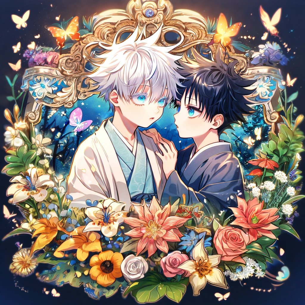 Ultra detailed, HDR, Highres, absurdres, master piece, Gojou Satoru as a kid, white hair with bangs, expressive blue eyes, white eyelashes, Fushiguro Megumi as a kid, black hair, expressive blue eyes, white haori, light blue kimono, Jujutsu Kaisen, flowers, butterflies, fantasy, magical, green leaves, summer, two little kids together, gay couple, yaoi, cute