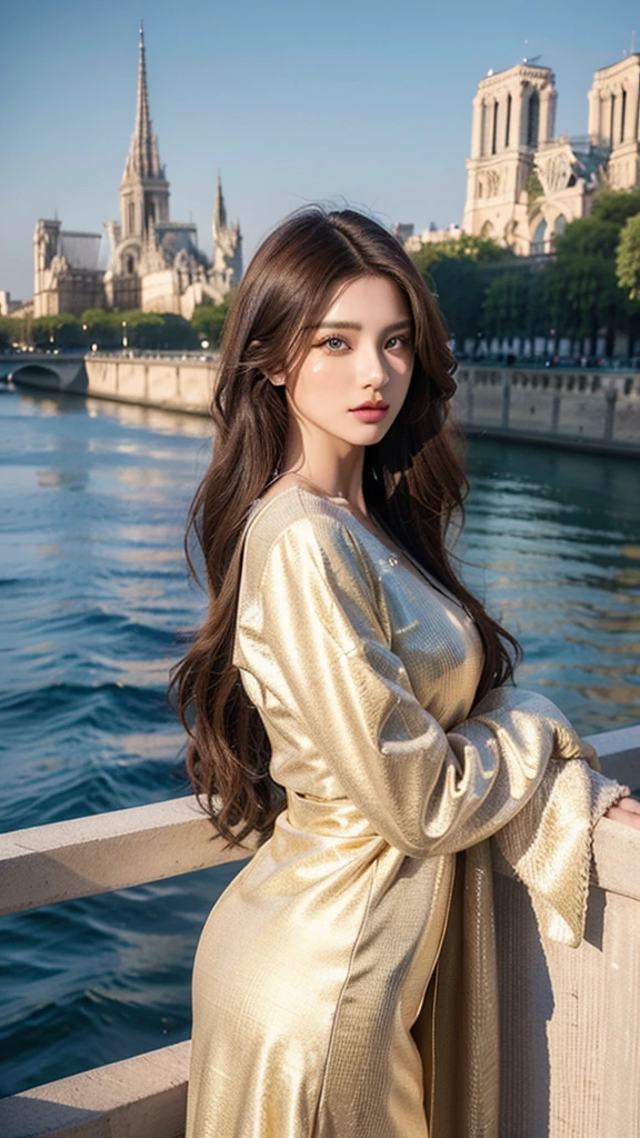 High-resolution professional photo of a beautiful professional model, modeling clothing in Paris with The Notre Dame in the background, wearing this season's hottest trends, haute couture from a variety of designers and designs in vibrant colors. The setting: luxurious and contemporary, with natural, flattering lighting highlighting the clothing color and the model's captivating presence.