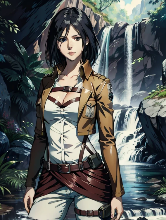 full body,waterfall background,cleavage, 4k image, (masterpiece:1.2, best quality), photorealistic, (hyperrealistic:1.2), beautiful, AOT's Mikasa