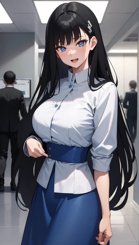 (masterpiece), (best quality), (ultra-detailed), ((girl, 29 years old)), an extremely delicate and beautiful, detailed eyes, minute details, (black hair, long hair, straight hair, hair between eyes), ((big breasts)), smile, open mouth, ((beautiful eyes)), (blue eyes), (upper body), she is wearing a blue dress, (detailed clothes), (detailed background, in a hospital, hospital hallway), (monochrome)