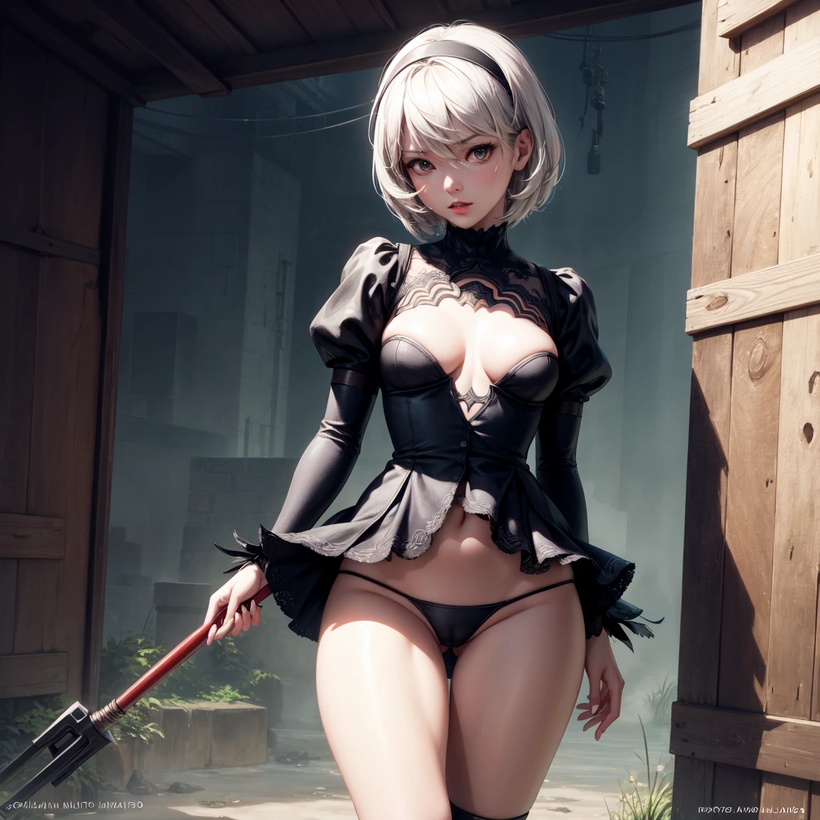 high quality masterpiece, photorealistic anime style, japanese animation shot of an attractive and tiny but rude 2B from Nier Automata video game, sensual atlethic body, firm medium bust, wearing a short mini skirt wide thighs, advanced detailed in her feminine and beatiful face features, cabello mojado, ropa sucia, mundo post-apocaliptico