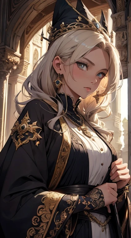 A highly detailed image of an elderly wizard. he is a man (mascle:1.5) wise and imposing appearance. He is bald and has a short gray beard., Her eyes are blue and expressive, reflecting a mixture of wisdom and nervousness. The face is richly detailed, capturing every line and wrinkle that tells the story of your long life.The wizard is dressed in ornate brown robes, full of intricate details and textures. He wears a metal bead necklace that adds a touch of mysticism to his look.. In one hand, he holds tightly a staff, which must be crafted with fine detail and a subtle magical glow.The image must be ultra-detailed (1.3), with a focus on capturing the texture of the ornate clothing and the details of the staff. Lighting should create a detailed, beautiful glow, enhancing every aspect of your appearance and attire..Make sure every aspect is meticulously detailed (1.2), from your exquisitely drawn face (1.2) to the vibrant gradients and tones that bring the scene to life. His eyes, full of depth and detail (1.2), should draw the viewer in, against a richly detailed background and landscape. Employ a dynamic angle (1.2) and pose (1.2), adhering to the rule of thirds (1.3) and incorporating a strong line of action (1.2) for an eye-catching composition.The photo should capture a wide view, bathed in light , highlighting your solitary, seductive presence and your exposed skin. Render this scene in 8K resolution with HDR.Make sure the outfit has a subtle bulge in the tunic, suggesting something hidden beneath. The image must be a true work of art, with a striking visual quality that highlights the character and presence of the elderly wizard