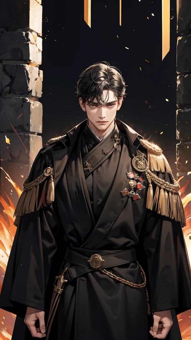 1Man, Mature, Black aura, black ancient clothes, black hair, styled hair, black eyes, broad soldiers