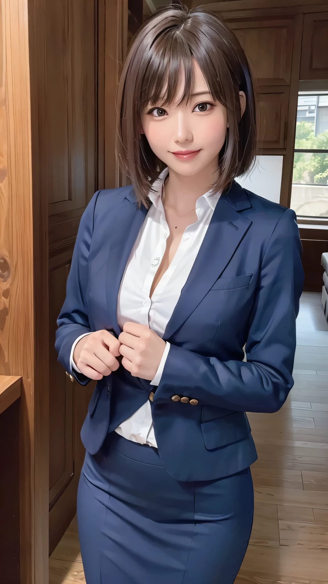 Tabletop, Highest quality, figure, Very detailed, In detail, High resolution, 8k wallpaper, Perfect dynamic composition, Beautiful attention to detail,Medium Hair, Center of chest, Natural color lip, Random sexy poses,smile,Businesswoman、suit、Business Suite、White shirt、レディースsuit、Dark Blue Blazer、Dark Blue Tight Skirt