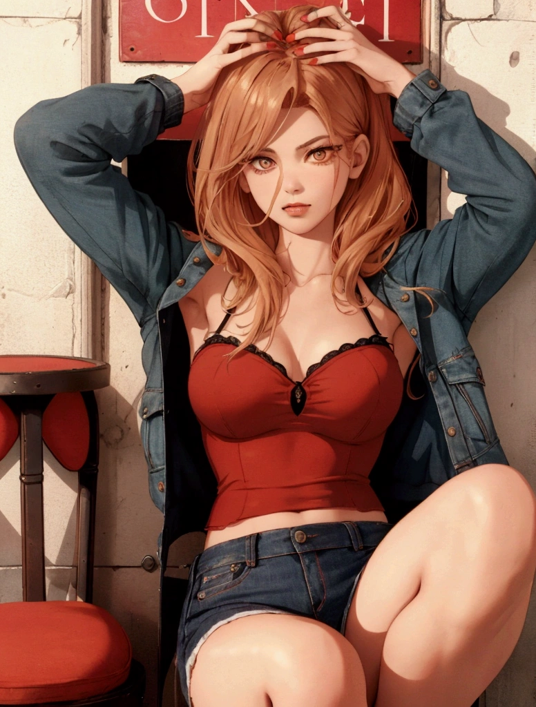 The image shows of a crimson model posing sensually. The model is wearing a denim jacket and has a seductive expression while looking towards the camera, with one hand near her mouth, touching her lips and the other on her knee. In the top right corner, there is the spiral logo. At the bottom, the text "Azula Uzumaki" is written in red. The image has a vintage and glamorous style, typical of GUESS advertising campaigns from the 1990s.